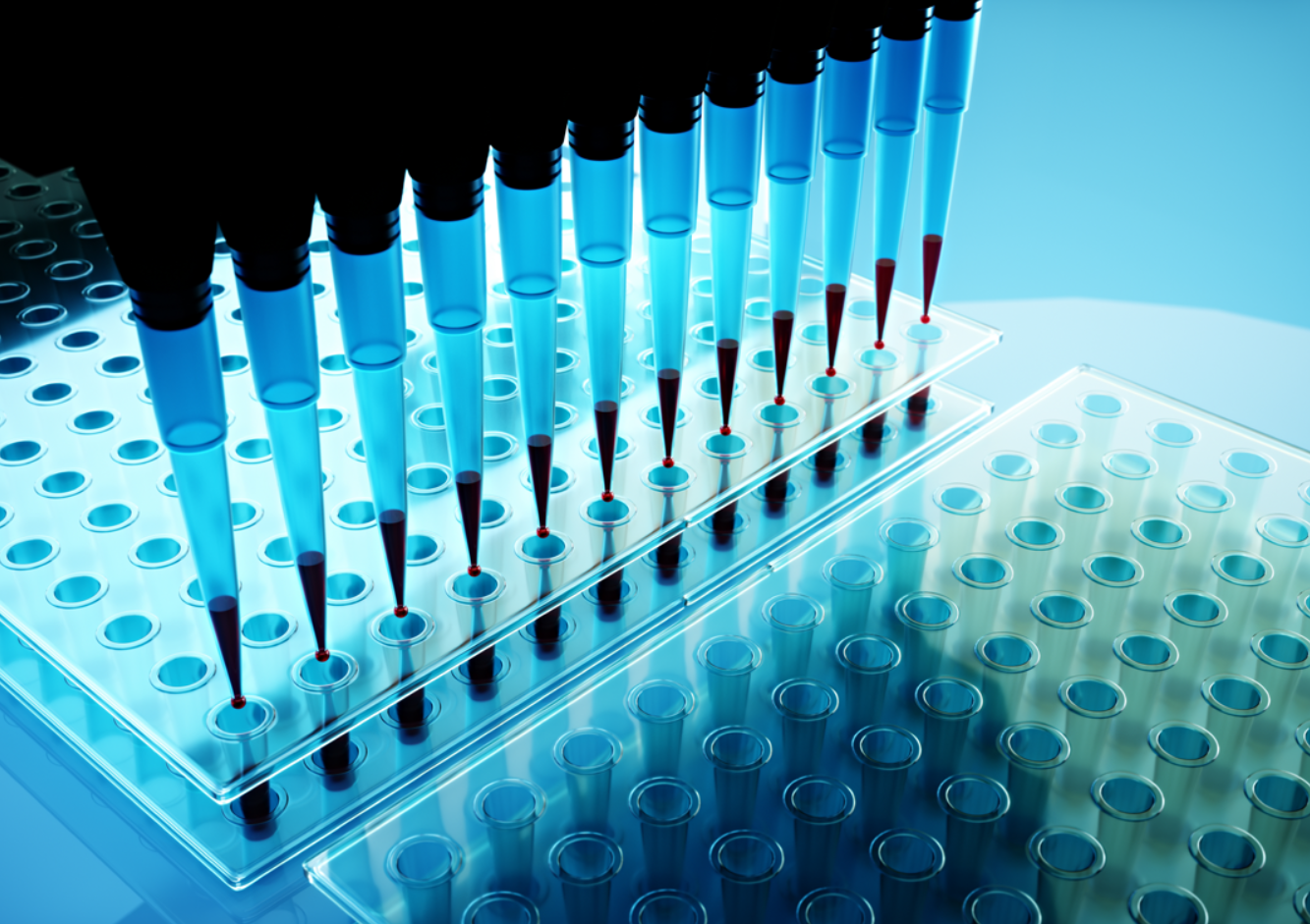 Laboratory pipettes dispensing samples into a well plate
